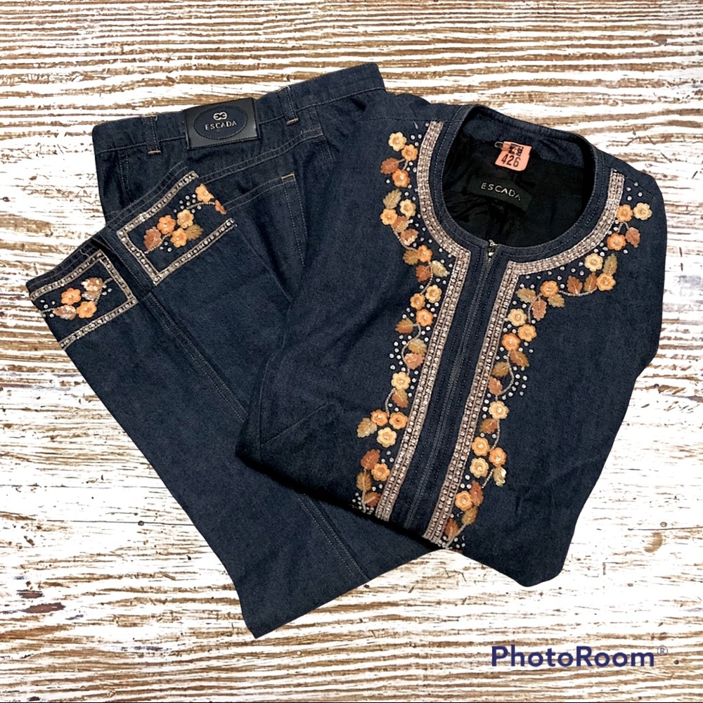 Vintage Escada Mango Beaded Denim Jacket & Pant Suit